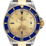 Rolex Submariner Steel Yellow Gold Diamond Sapphire Serti Dial Mens Watch 16613 Box Service Card