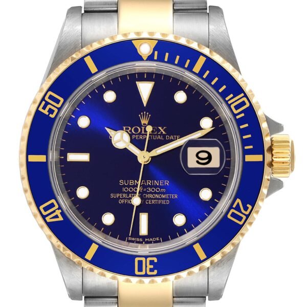 Rolex Submariner Steel Yellow Gold Purple Blue Dial Mens Watch 16613 Box Card