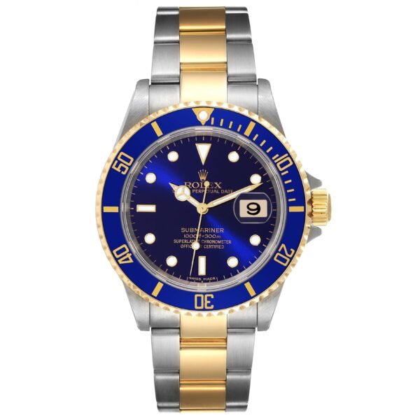 Rolex Submariner Steel Yellow Gold Purple Blue Dial Mens Watch 16613 Box Card
