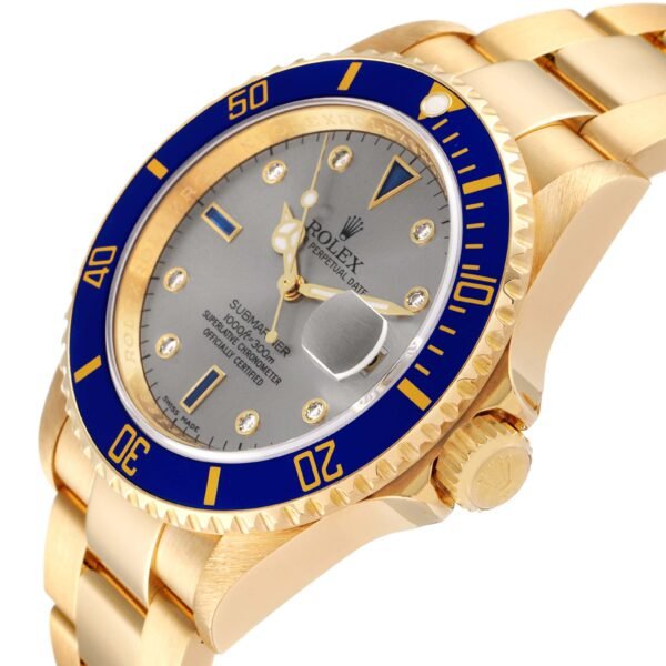 Rolex Submariner Yellow Gold Diamond Sapphire Serti Dial Watch 16618