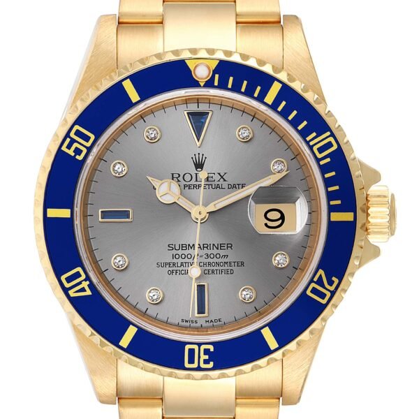 Rolex Submariner Yellow Gold Diamond Sapphire Serti Dial Watch 16618 Box Papers