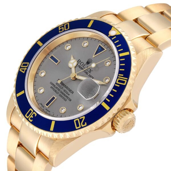 Rolex Submariner Yellow Gold Diamond Sapphire Serti Dial Watch 16618 Box Papers