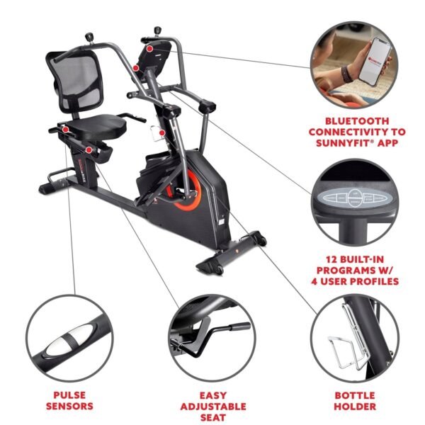 Sunny Health & Fitness Smart Recumbent Cross Trainer Elliptical Exercise Bike