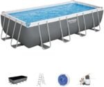 Bestway Power Steel 18′ x 9′ x 48″ Rectangular Metal Frame Above Ground Outdoor Swimming Pool Set with 1,500 GPH Filter Pump, Ladder, and Pool Cover