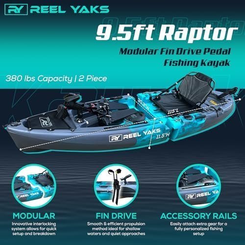 Reel Yaks Raptor Modular Fishing Kayak – 9.5ft Lightweight Sit On Top Kayak for Adults & Youth – Stable & Portable, Ideal Space-Saving Design for Travel – 380lbs Capacity